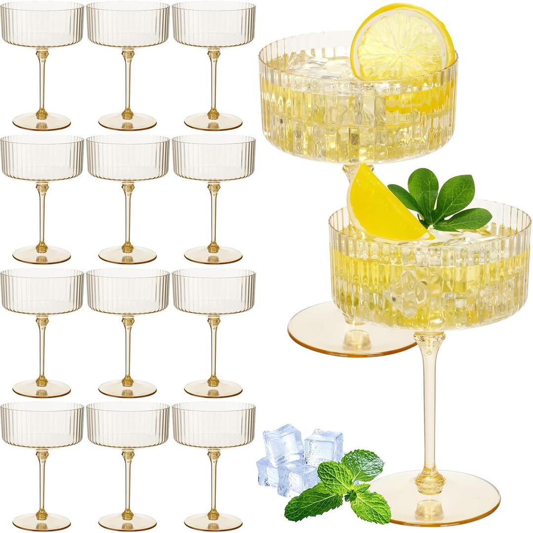 Jingmore 12 Pcs Ribbed Martini Glasses 10 oz Disposable Plastic Vintage Ribbed Coupe Glasses Unbreakable Dessert Parfait Glassware for Wedding Birthday Party Supplies (Gold)