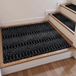 OJIA Stair Treads Non-Slip Landing Mat Indoor Stair Runners for Wooden Steps, Slip Resistant Stair Carpet Treads for Kids and Dogs, Rubber Backing Stair Rugs Mats 32"x32" Corner Square Matching Mat (Black/Boho)