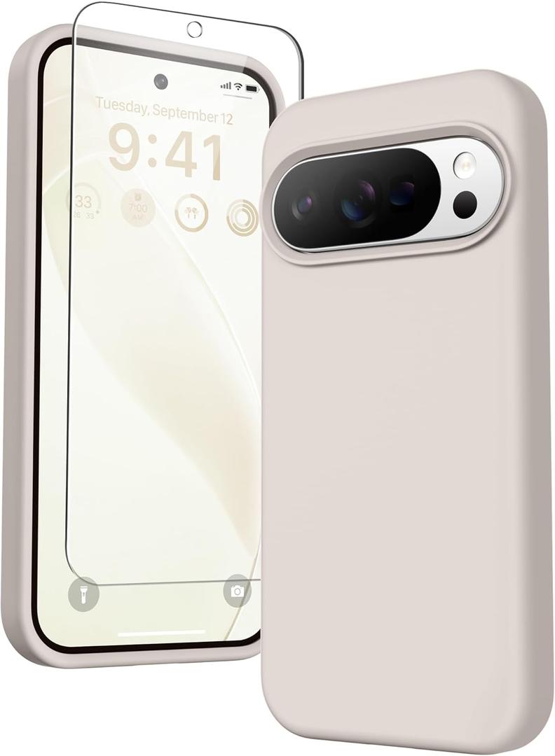 GONEZ for Google Pixel 10/Pixel 10 Pro Case, Liquid Silicone Case with Screen Protector, Full Body Protective Cover, Anti-Scratch Soft Microfiber Lining, Shockproof Phone Cover 6.3", Stone