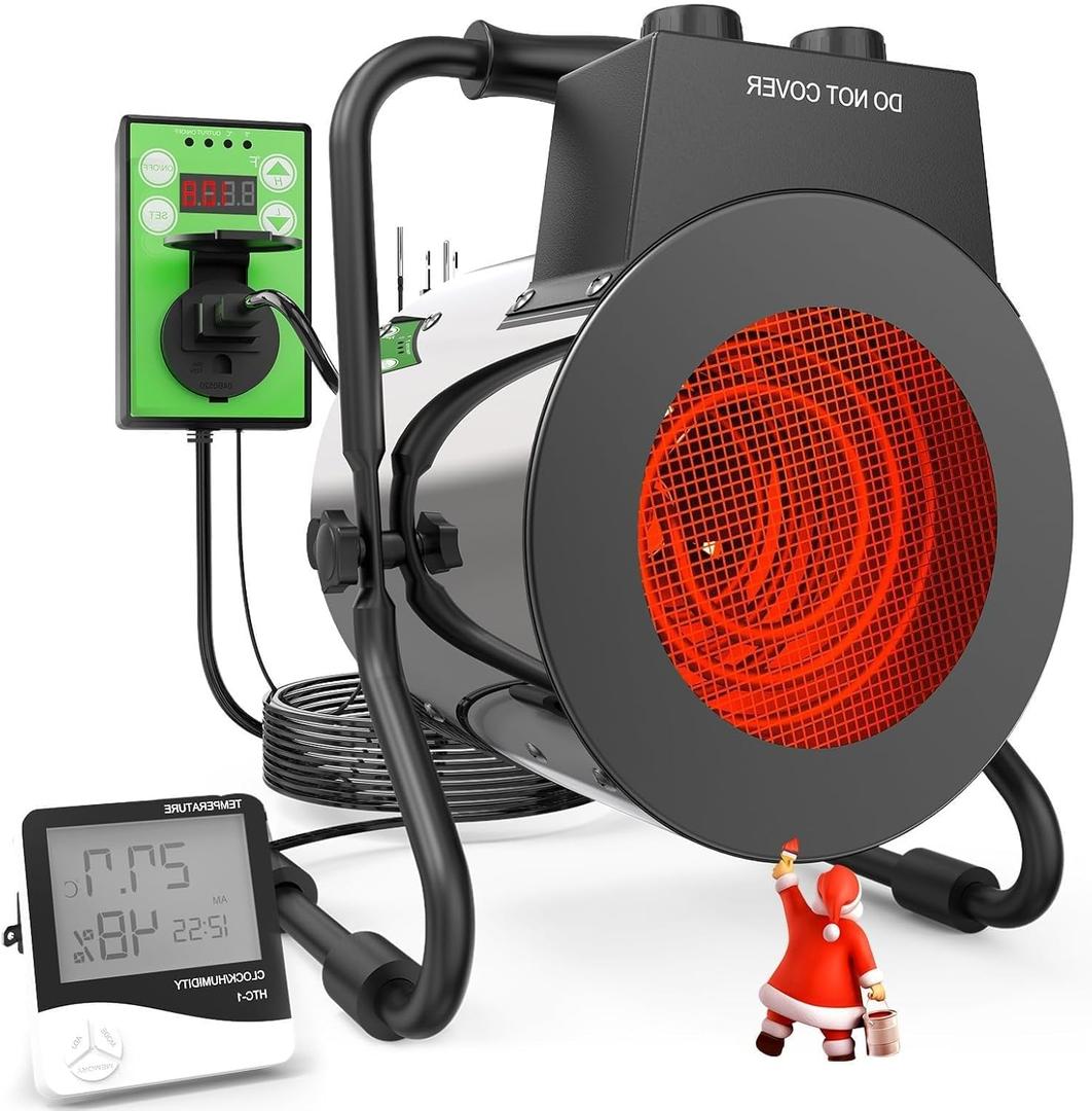 Buyplus Greenhouse Heater with Digital Thermostat, 1500W Outdoor Heaters for Patio, Overheat Protection & 3S Fast Heating, Electric Space Heater for Greenhouse, Patio, Garage, Flower Room, Silver