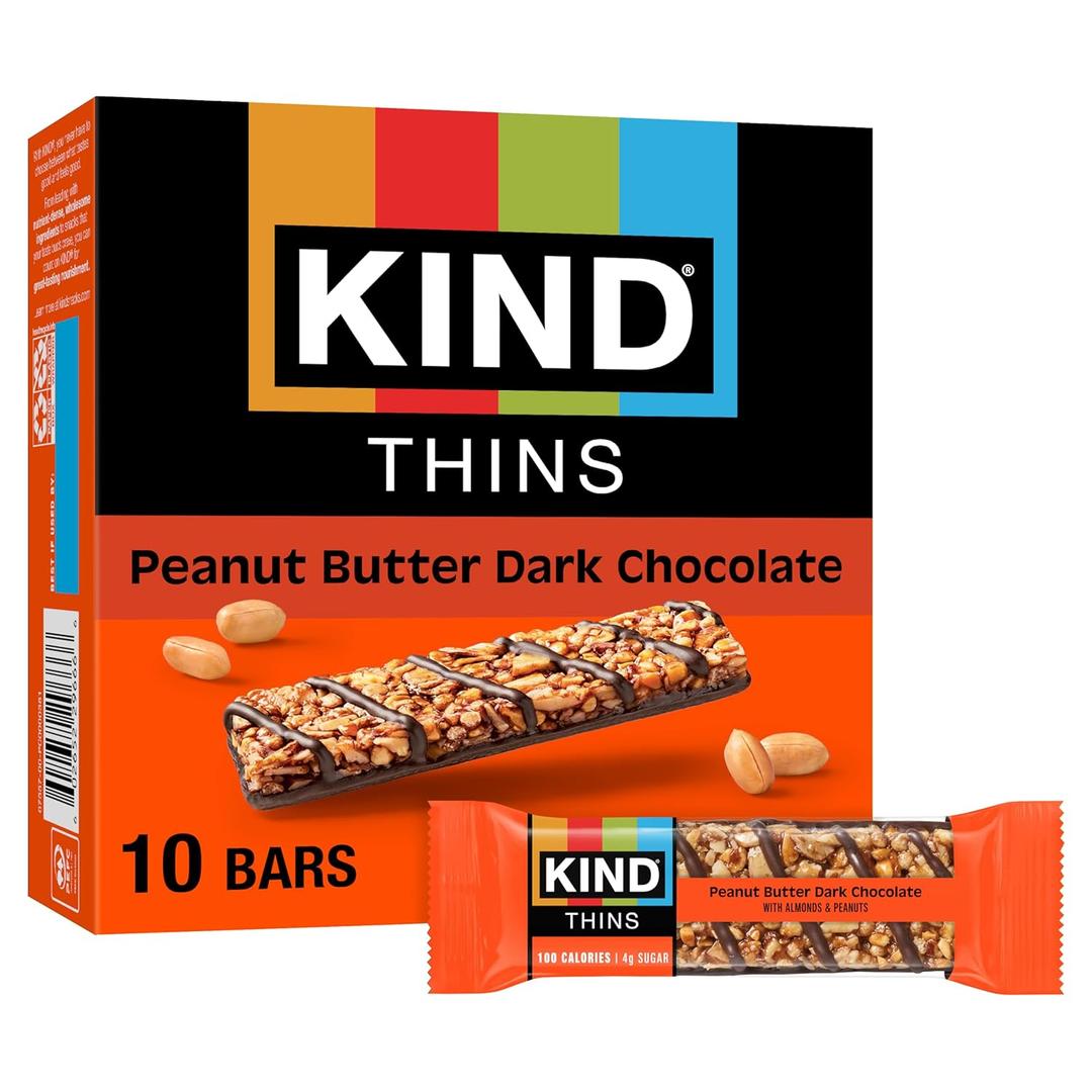 KIND THINS Peanut Butter Dark Chocolate Bars, Gluten Free, 100 Calories, 0.74 oz bars, 10 count (EXP 10/30/26)
