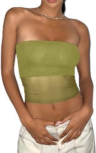 EMMIOL Tube Tops for Women Sexy See Through Y2K Tops Sheer Mesh Stretchy Bandeau Top Going Out Strapless Top M