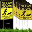 Fumete 6 Pack Reflective Slow Down Signs Kids and Pets at Play Safety Yard Signs with Stakes Double Sided 15 x 12'' High Visibility Caution Sign Children Playing for Neighborhood Driveway Yard(Yellow)