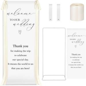 Lumina Wedding Welcome Sign Stand With Linen Sign with Satin Ribbon Adjustable Easel Stand Bridal Shower Welcome Decoration for Garden Ceremony Lawn Outdoor Indoor(Beige)