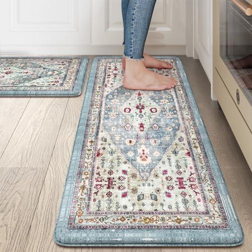 Collive Boho Kitchen Rugs and Mats 2PCS Cushioned Anti-Fatigue Floor Mat, Waterproof Kitchen Rug Set of 2 Non-Skid Comfort Standing Mat for Kitchen,Home,Office,Sink,Laundry,17.3"x29"+17.3"x47"