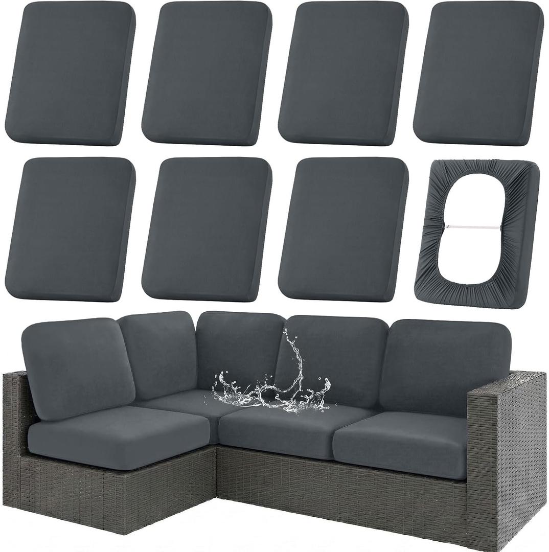 hyha Waterproof Outdoor Cushion Covers for Patio Furniture, Stretch Patio Chair Cushion Slipcovers, Coated UV Resistant Replacement Seat Covers, Solid Color (Dark Grey, 8PC)