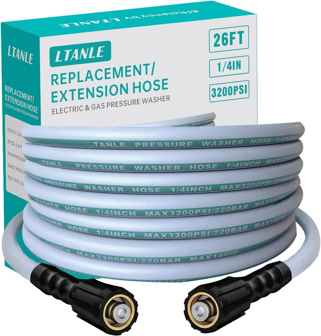 High Pressure Washer Hose 26 Feet 1/4 Inch, M22 Dual O-Ring Leak-Proof 3200 PSI Replacement Hose