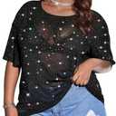 Buauty Plus Size Glitter Sheer Mesh Tops for Women Summer Black See Through T Shirt 2026 Sparkly Sexy Country Concert Outfits, Size 0XL