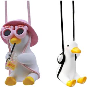 2Pcs Cool Swinging Duck Car Ornament  Cute Rearview Mirror Hanging Accessory, Dashboard Dcor, Duck Gift for Drivers and Car Lovers