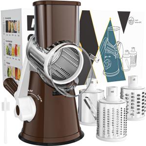 Cambom Rotary Cheese Grater Hand Crank Cheese Shredder for Fresh Cheese, Vegetable, Nuts,Non-slip Suction Base, Free Cleaning Brush Three Blades, Coffe Color (Brown)