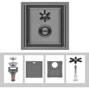 15inch Bar Sink, 16 Gauge T-304 Stainless Steel Single Bowl Bar Kitchen Sink with Glass Rinser, Undermount or Drop in, Black (1515)