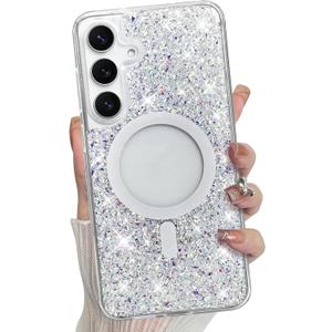 Bonoma for Samsung Galaxy S25 Case, Sparkly Glitter Bling Back, Magnetic Support for MagSafe Shockproof Case, Crystal and Clear High-Duty Protection for Phone Case -Crystal