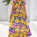 BTFBM Womens Spring 2026 Casual Maxi Dresses Short Sleeve Smocked Tiered Floral Boho Long Beach Dress with Pockets (S)