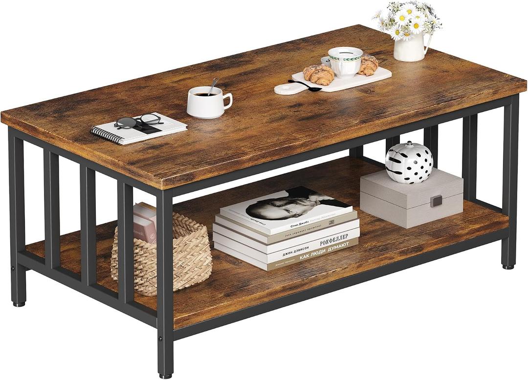 Homeiju Coffee Table for Living Room, Farmhouse Living Room Table with Slatted Sides Frame for Home Office, Apartment, 39 inch Rustic Black and Brown, 39.4L*21.6W*18.1H