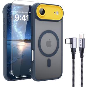 PinLiSheng 4 in 1 Magnetic for iPhone Air Case [with 1X Screen Protector, Braided Cable, Removable Lens Case] [Mil-Grade Drop Protection] Shockproof Slim Translucent Matte Protective Phone Case, Blue