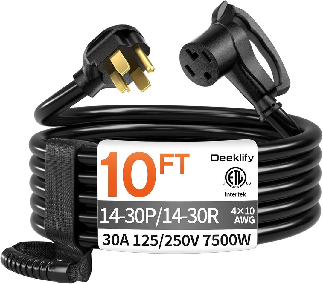 10 FT 4 Prong Dryer Extension Cord Outdoor Black, 30 AMP 10/4 Gauge Heavy Duty, NEMA 14-30P to 14-30R, Waterproof STW Jacket ETL Listed for Dryers & EV Charging