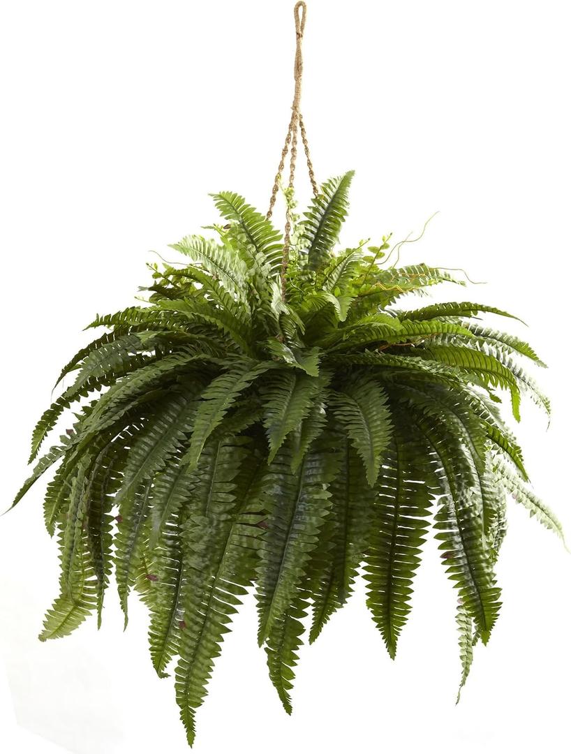 Nearly Natural Giant Boston Fern 36 in Wide Artificial Hanging Plant with Basket - Faux Greenery for Indoor Home Office Bedroom Decor, Realistic Leaves