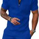 Aulemen Mens 2 Piece Zip Tracksuit Short Sleeve Print Polo Shirt and Shorts Sets Summer Outfits for Men (Small, Navy)