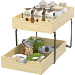 COOLBEBE Pull Out Drawer Organizer for Cabinets, 2 Tier Soft Close Cabinet Drawers Slide Out, 2 Layer Wood Double Tier Pull Out Shelves for Kitchen, Pantry, Bathroom