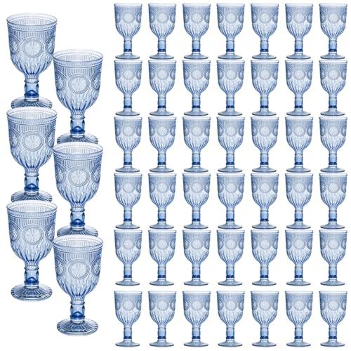 12 Pack Vintage Wine Glasses, Plastic Reusable 12 Ounce Colored Water Goblets, Unique Flower Embossed Pattern Unbreakable Stemmed Wine Glasses High Clear Wedding Party Bar Drinking Cups Blue
