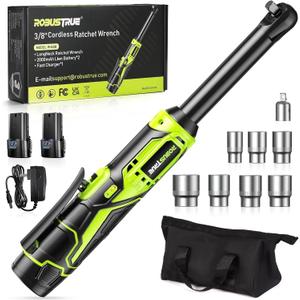 3/8" Cordless Ratchet Wrench, 6-inch Extended Ratchet Wrench, 40Ft-lbs 400RPM Cordless Ratchet, 2 Batteries Power Electric Ratchet Driver with Variable Speed, 7 Sockets, LED Light