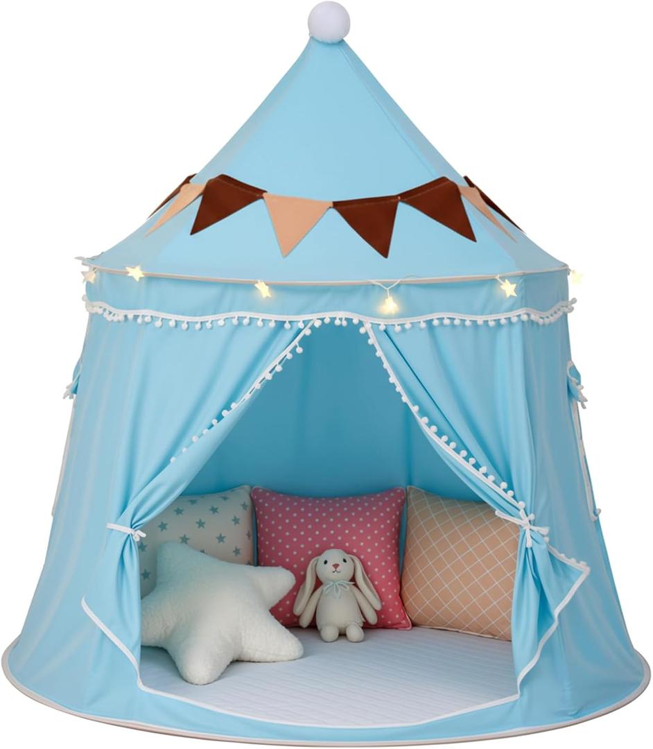 Play Tent with Padded Mat, Star Lights and Flags, Large Playhouse Kids Castle Tents, Indoor Outdoor Game Tent, Portable Children Yurt Tents, Gift for Boys & Girls, 47''x45'', Blue