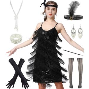 Women 1920s Gatsby Flapper Dress Sexy Open Back Strap Fringed Cocktail Party Dress with 20s Accessories (Black, L)