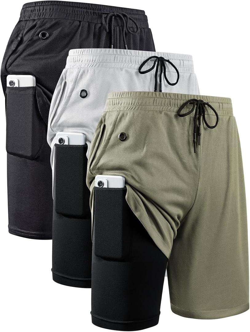 JWJ Mens 2 in 1 Running Shorts Quick Dry Gym Athletic Workout Clothes with Side Pockets (X-Large, 3 Pack-black/Grey/Army Green)