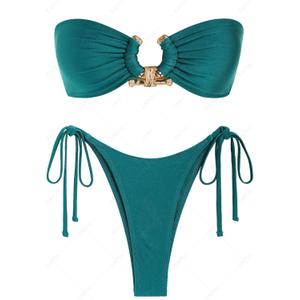 ZAFUL Women's Bandeau Bikini Set O Ring Strapless Swimsuit Tie Side Swimwear Metallic Two Piece Bathing Suit (Medium)