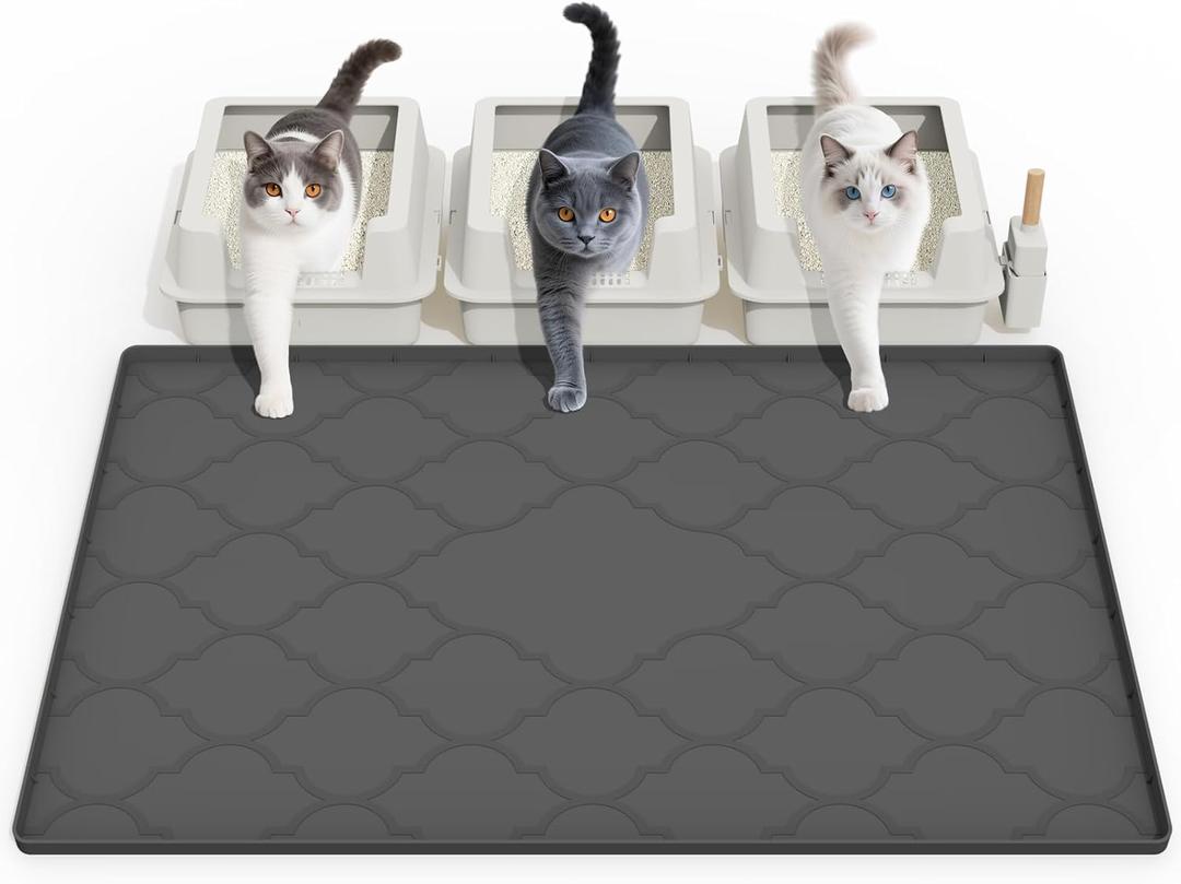 Cat Mat for Litter Box, 38" X 26" Large Silicone Cat Litter Trapping Mat, Easy Clean for Scatter Control, Soft on Kitty Paws, Waterproof, Urine-Proof, Non-Slip Kitty Litter Mat for Floor, Black