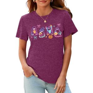 Halloween Spooky Season Cute Ghost T Shirt for Women Crewneck Fall Pumpkin Colorful Graphic Tee Tops (XL)