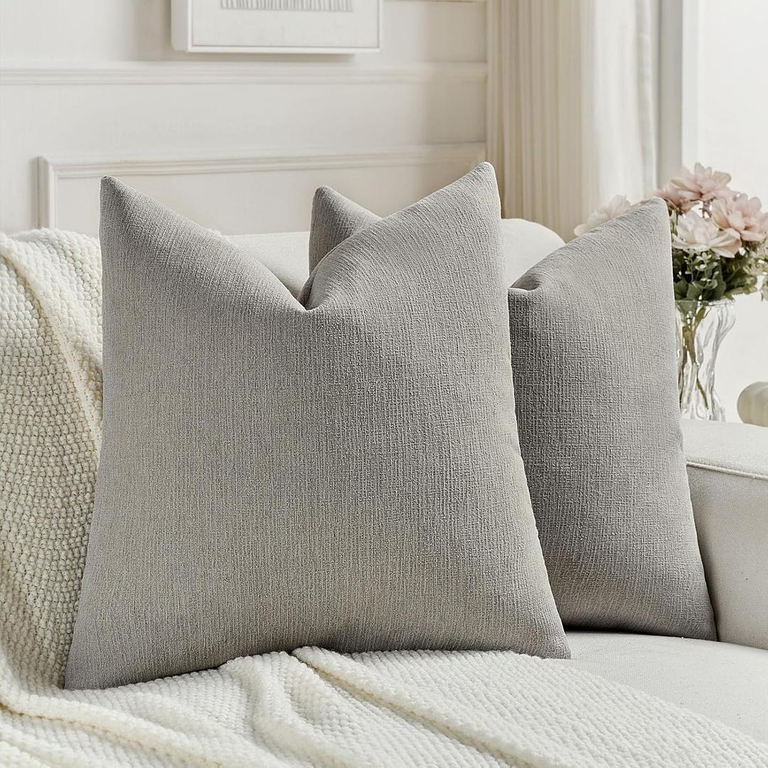 FUTEI Pack of 2 Chenille Decorative Throw Pillow Covers 20x20 Inch,Soft Cozy Faux Linen Textured Cushion Case,Farmhouse Home Decor for Couch Living Room,Smoke Gray