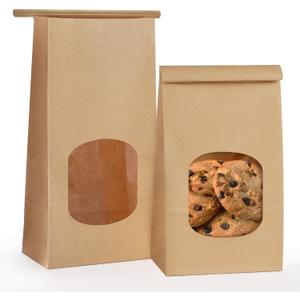 50 Pack Bakery Bags with Window, 3.9x2.3x8 Inches Tin Tie Tab Paper Cookie Bags Brown Small Gift Bag for Packaging Popcorn, Trail Mix, Treats, Snacks, Baked Goods, Party Favors | Grease Resistant, Resealable