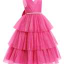 IBTOM CASTLE First Bridesmaid Dress for Girl Flower Girl Dress V-Neck Kids Birthday Dress Ruffle Pearls Tiered Formal Dress Tulle Party Dress Wedding Gown Prom Evening Rose Red 6-7 Years