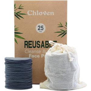 Chloven 25 Pack Charcoal Bamboo Reusable Makeup Remover Pads - Bamboo Reusable Cotton Rounds for Toner, Washable Eco-Friendly Pads for All Skin Types with Cotton Bag for Storage (26 Piece Set, Black)