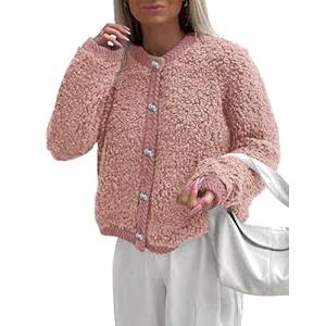 PRETTYGARDEN Women's Faux Fur Shearling Coat Fuzzy Fleece Button Up Trendy Fall Winter Cropped Jackets Outerwear (Pink, Large)