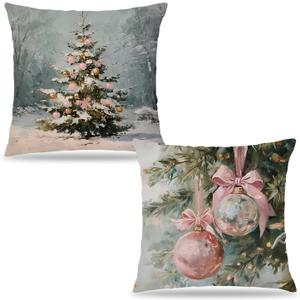 Pleonox Coquette Pink Bauble Christmas Tree Pillow Covers 18x18, Preppy Christmas Decor, Pastel Girly Pink Xmas Decorative Throw Pillow Covers for Girls Dorm Room Apartment, Set of 2