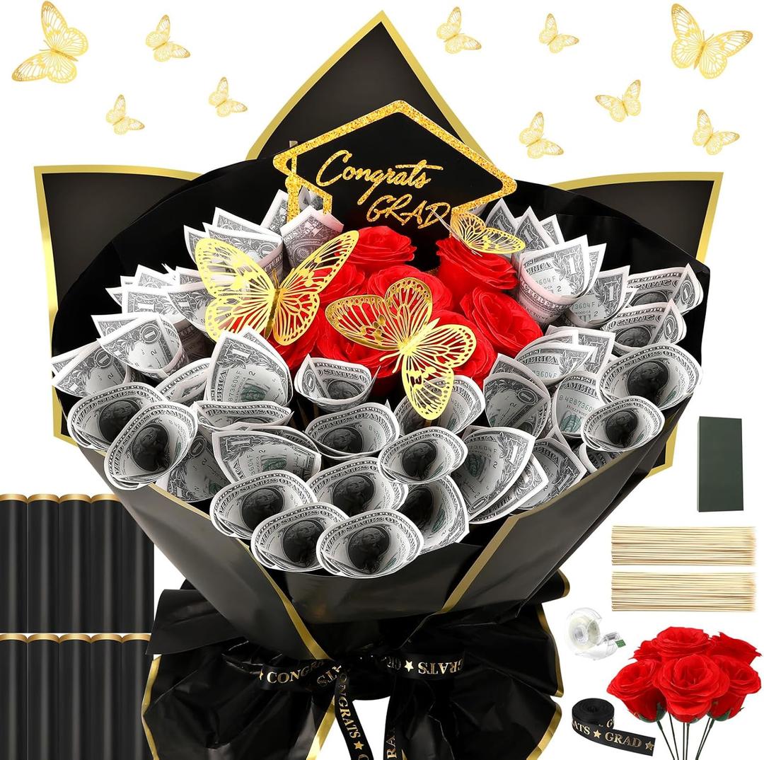 AUGSUN Graduation Gifts-147 Pcs Money Flower Wrapping Bouquet Set Class of 2025 Congratulation Artificial Rose DIY Bouquets Filled with Folded Bills Gift Kit for Her College High School Graduation