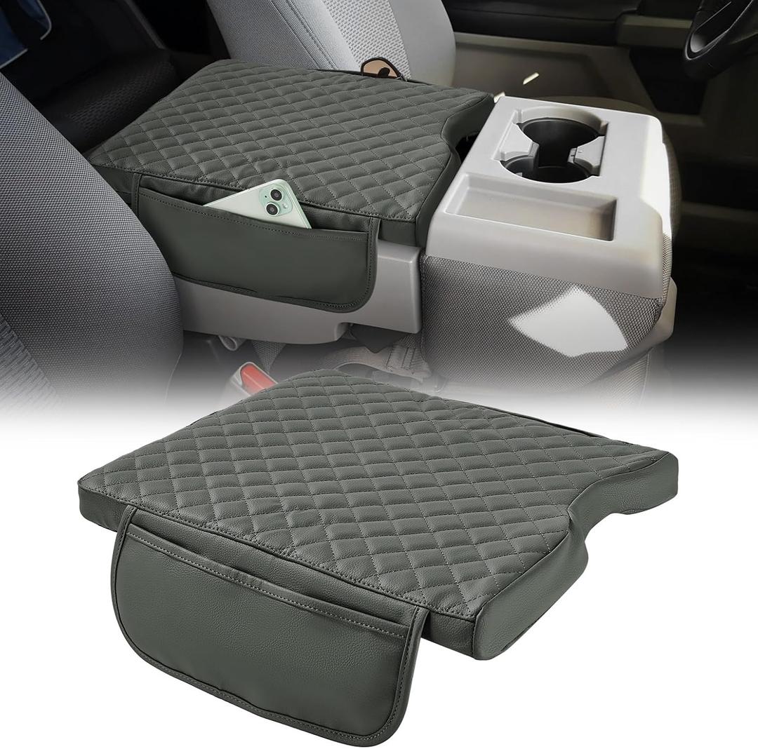 JOYTUTUS Center Console Cover Compatible with 2015-2025 Ford F150, 2017-2025 F250 F350 F450 with 40/20/40 Jump Seat, Leather Armrest Cover Center Console Cushion w/Side Pockets, Gray (Jump Seat Only)