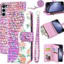 Floral Wallet Case for Samsung Galaxy Z Fold 5 5G 2023 with Wrist Strap Shoulder Strap Flip Zipper Purse Card Holder,Stand Glitter Bling Cell Phone Cover for ZFold5 Z5 G Fold5 5Z Pink