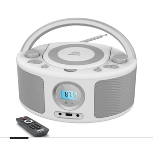 Portable CD Player Boombox with Bluetooth, FM Radio, Remote Control, USB Port and 3.5mm AUX Headphone Jack, Clear Stereo Sound, 4 Watts of Audio, AC/Battery Powered