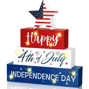 4 Pcs Happy 4th of July Table Decor Red Blue White Patriotic Wooden Sign with LED Memorial Day Decorations for Independence Day 250th Anniversary Home Tiered Tray Decor