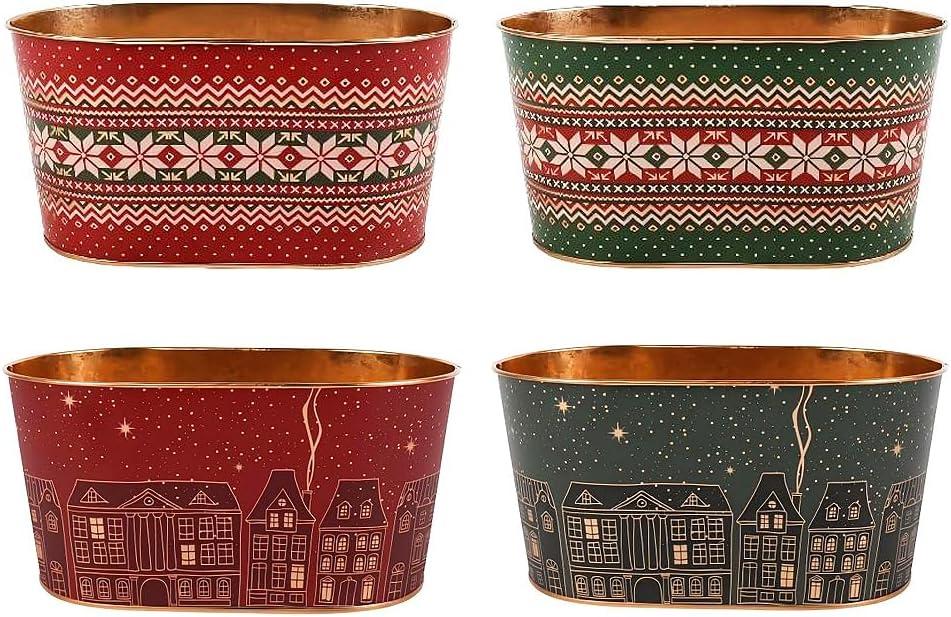 4 PCS Christmas Metal Buckets Christmas Decorations Ice Buckets Metal Planter Pots, Galvanized Pails for Candy Treats Drink Beverage Tub for Parties ChristmasTable Centerpiece (Green+Red)