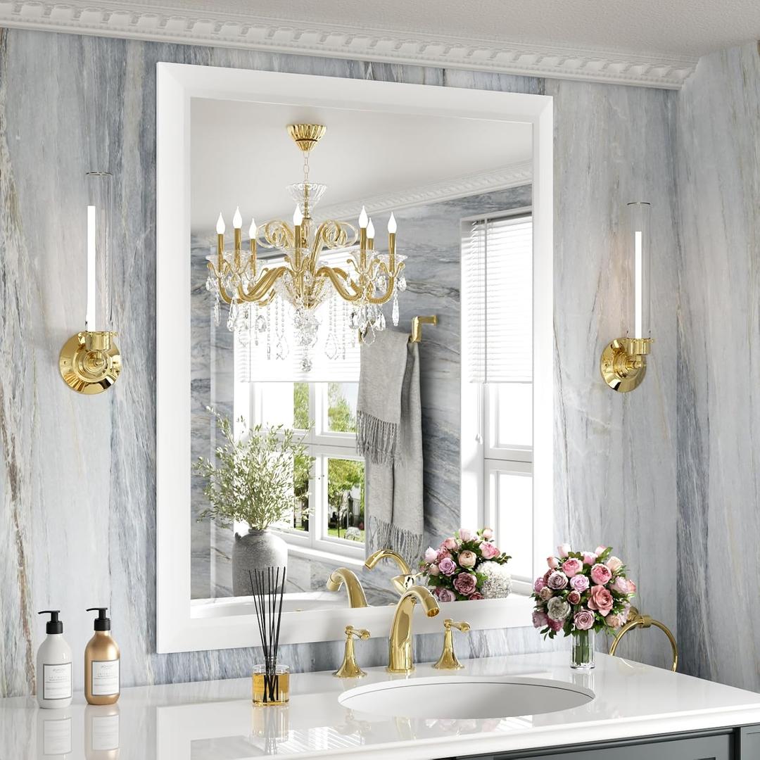 Amorho Bathroom Mirror, 28x36 Inch White Thick Metal Framed Wall Mirrors for Over Sink, Bedroom, Living Room, Entryway, Rectangle Wall-Mounted Mirrors(Horizontal/Vertical).