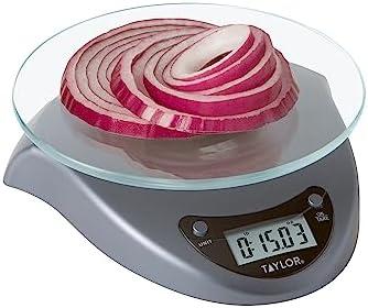 Taylor Digital Kitchen Scale with Glass Platform, Tare Button, and Plastic Body Weighs up to 11 Pounds Capacity, Silver