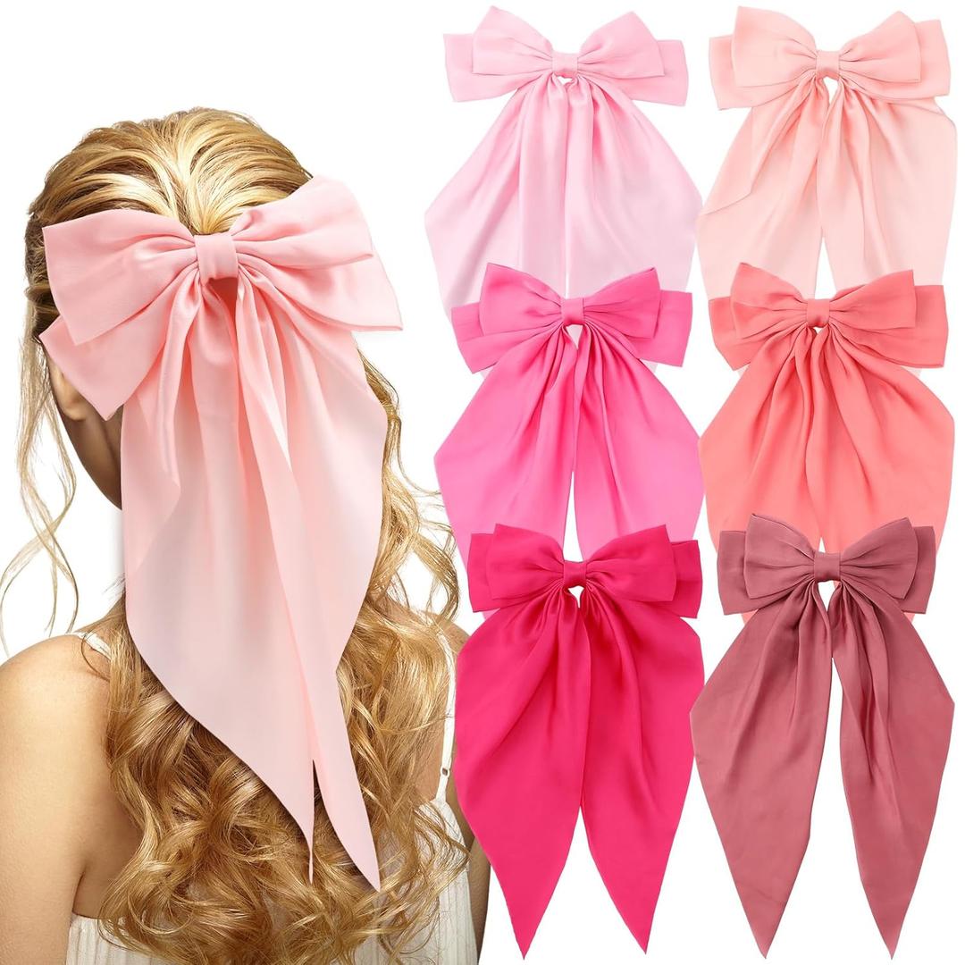 6 Pcs Coquette Large Pink Bow for Girls Women Oversized Long Tail Clip Barrette Ribbons Satin Bows Cute Bowknot Hair Accessories Gift for Birthday Galentine's Day Holidays