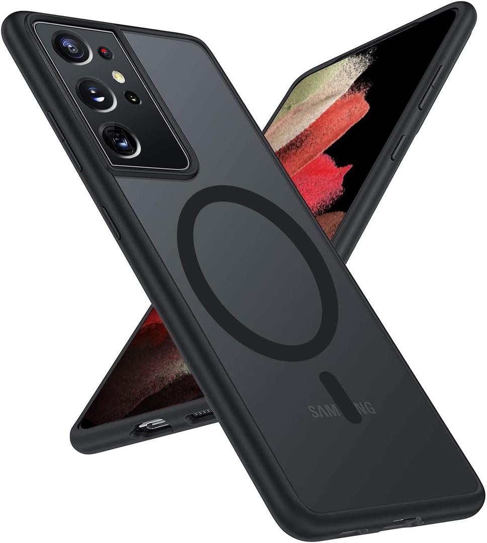 for Samsung Galaxy S21 Ultra Mag Safe Case,Slim Shockproof Protective Cover with Magnetic,Frosted Hard Back Soft Silicone TPU Bumper Phone Case Compatible Galaxy S21 Ultra 6.8inch,Matte black