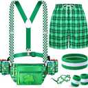 St Patricks Day Accessories Leprechaun Costume Green Fanny Pack with Drink Holder Irish Shamrock Shorts for Men(Plaid,L)