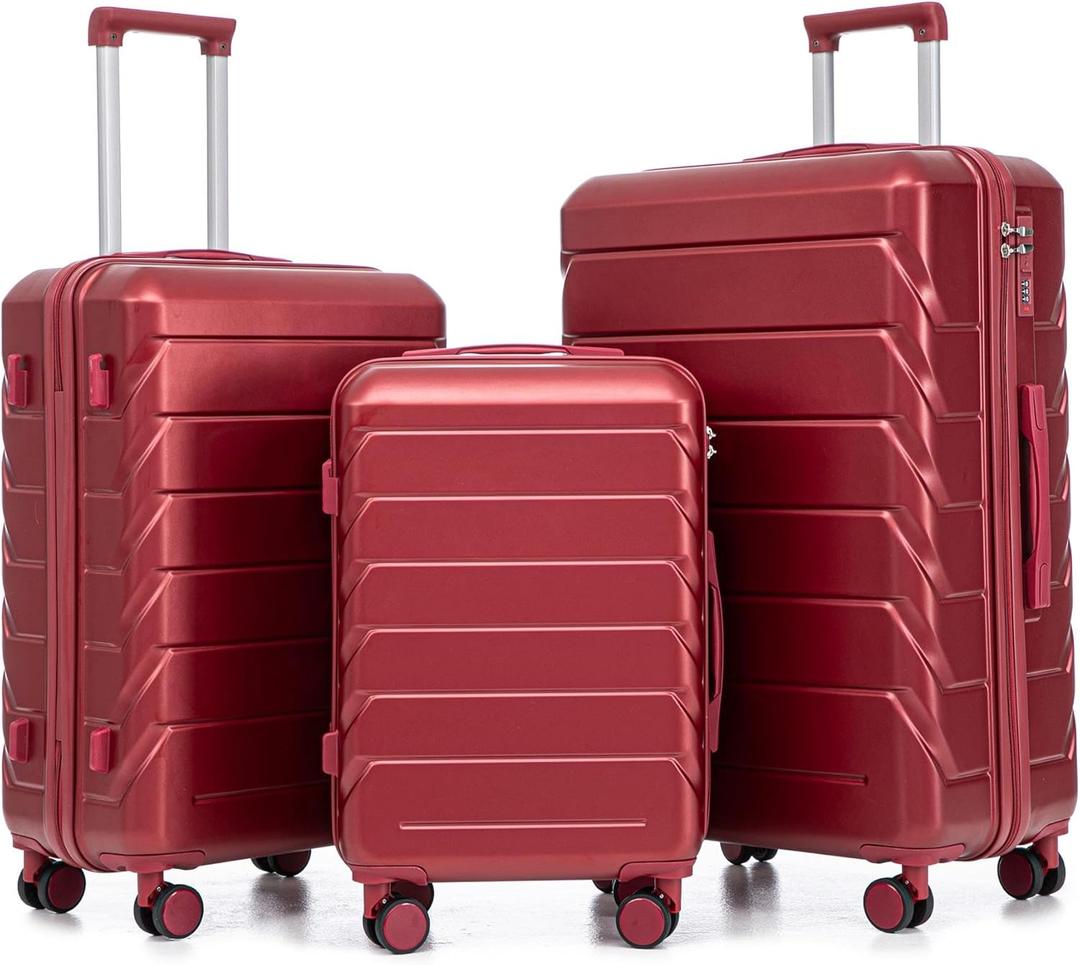 Hardshell Luggage Sets, Lightweight Stripes Suitcases with Spinner Wheels, Red-220