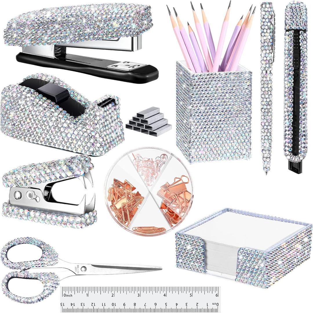 Teling 10 Pcs Bling Office Accessories for Desk Bling Crystal Office Supplies Set Desk Accessory Kit Glitter Stapler Staple Remover Tape Dispenser Diamond Pen Scissors for Women Home(Silver)